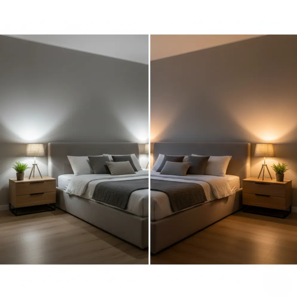 warm and cool light bedroom side by side