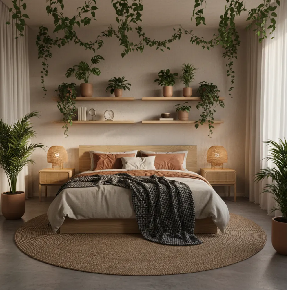 cozy bed with plants and decent light