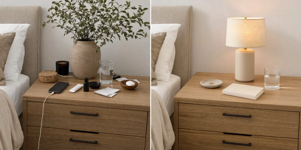 Cluttered vs Styled Nightstand